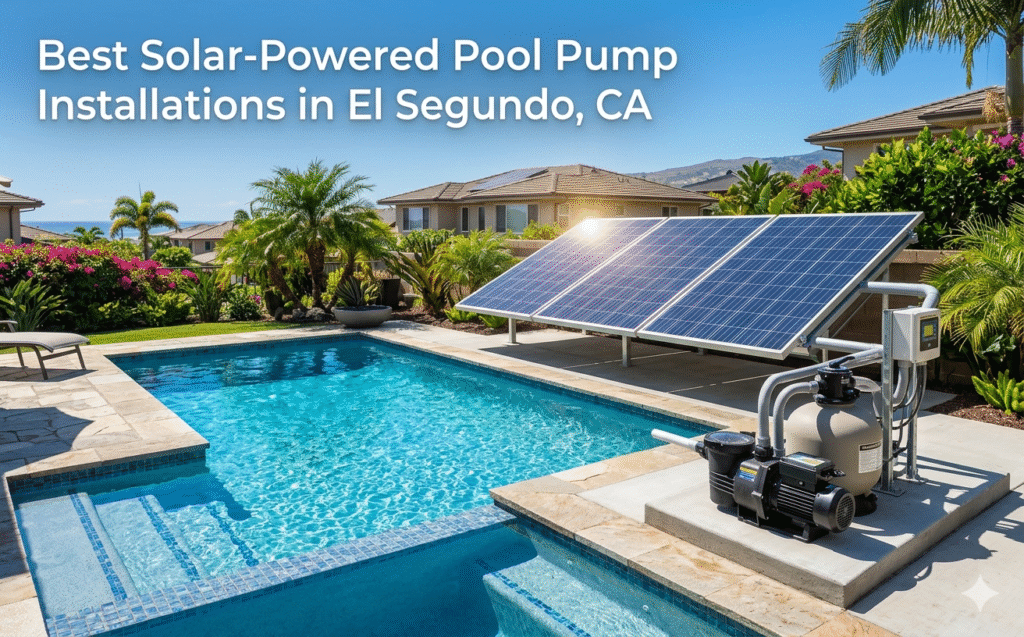 Solar-powered pool pump installation with photovoltaic panels next to a luxury backyard pool in El Segundo, CA.