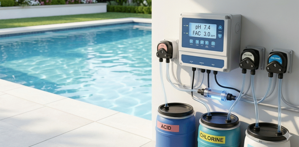 Close-up view of a professional, wall-mounted pool chemical controller. The digital screen shows stable readings for pH and chlorine. Tubes connect to labeled acid and chlorine barrels, highlighting automatic water balance. The sparkling Beverly Hills pool is visible in the background