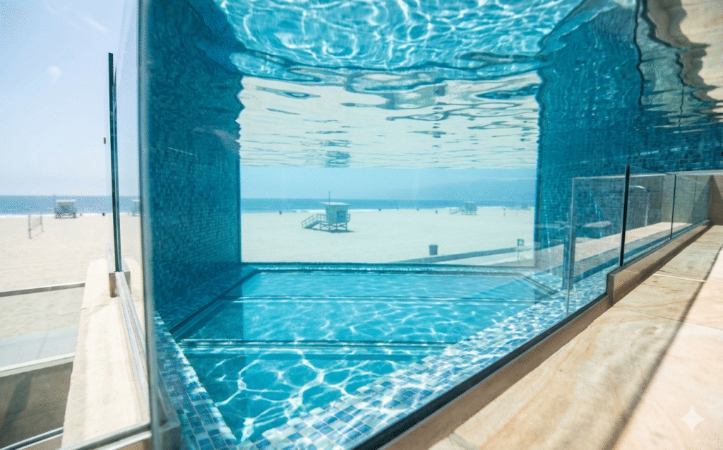 An underwater perspective through a transparent glass-walled swimming pool overlooking a sandy beach with a lifeguard stand and ocean in the background
