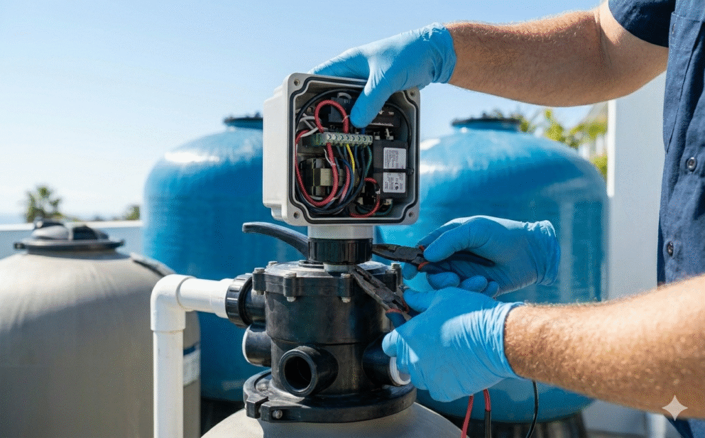 A gloved pool technician uses pliers to work on a multiport valve with an open electrical control box on top, with large blue sand filter tanks visible in the background