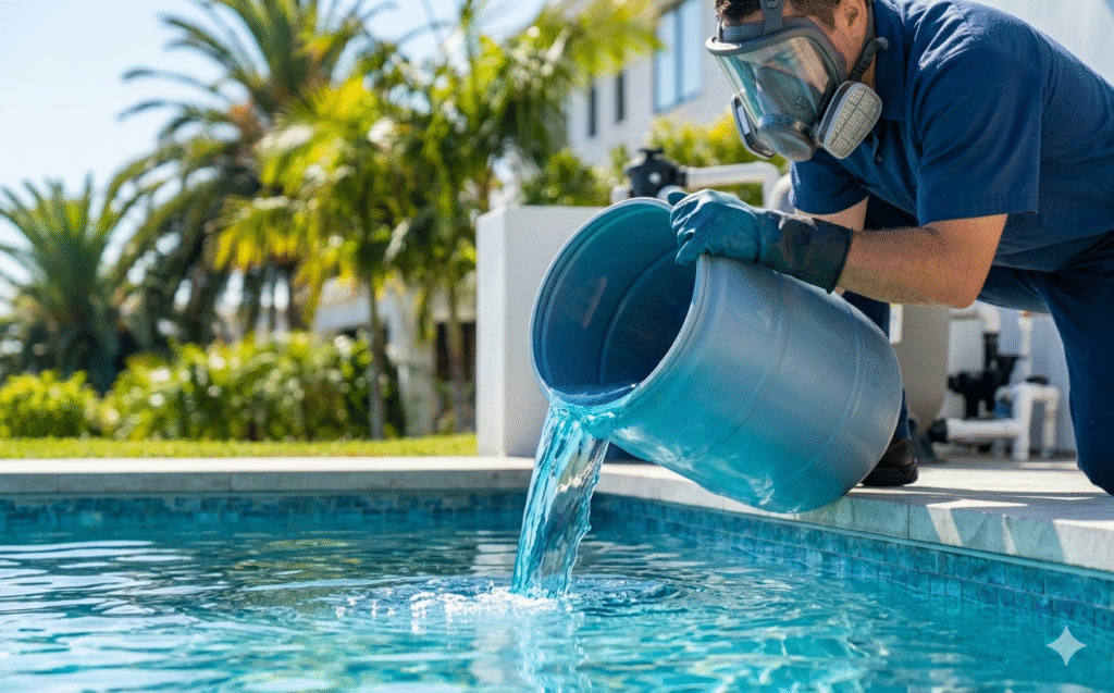 A pool technician wearing a full-face respirator mask and blue gloves pours liquid chlorine shock treatment from a large bucket into a clear blue swimming pool, with palm trees and pool equipment visible in the background