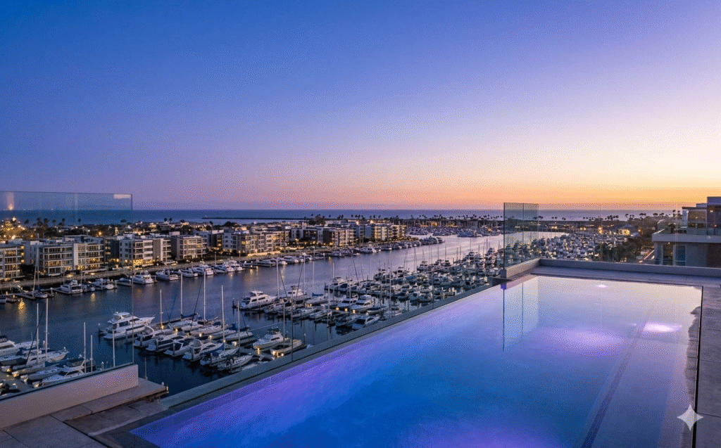 An illuminated rooftop infinity pool glowing blue at dusk, overlooking a marina filled with sailboats and yachts under a vibrant orange and purple sunset sky