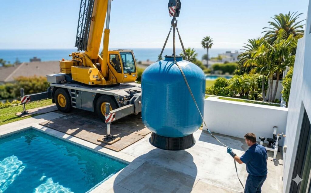 A pool technician guides a large blue fiberglass sand filter tank being lifted by a yellow mobile crane into position on a poolside deck, with a clear blue swimming pool, palm trees, and ocean views in the background