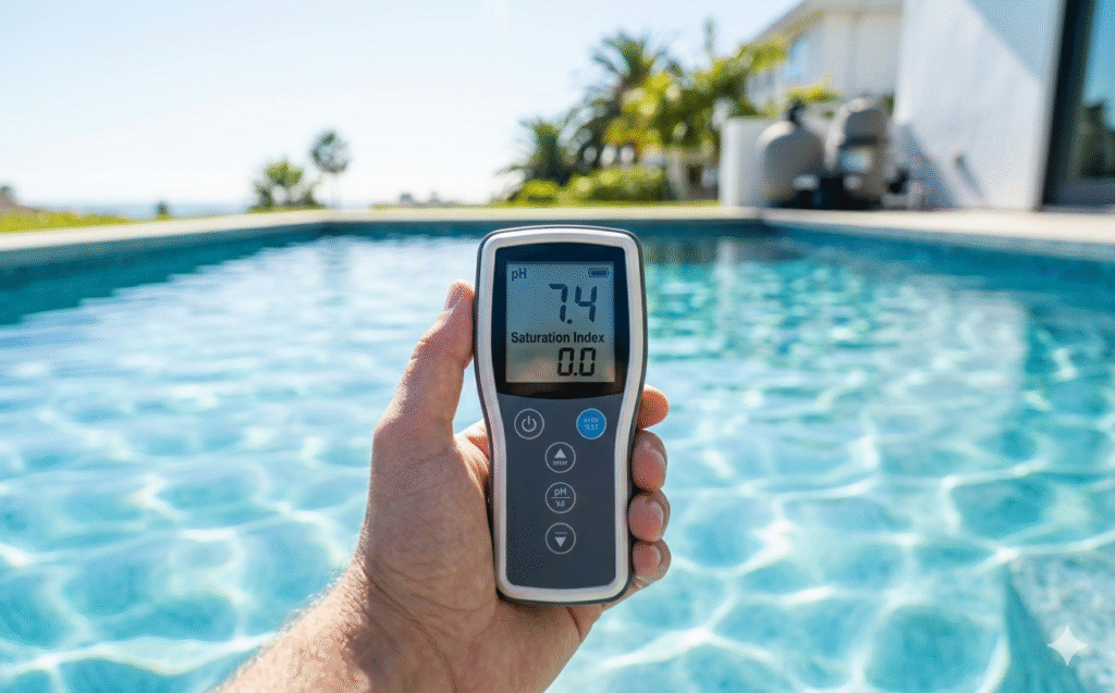 A high-contrast close-up of crystal-clear pool water in Santa Monica, showing the ideal baseline for salt cell maintenance.