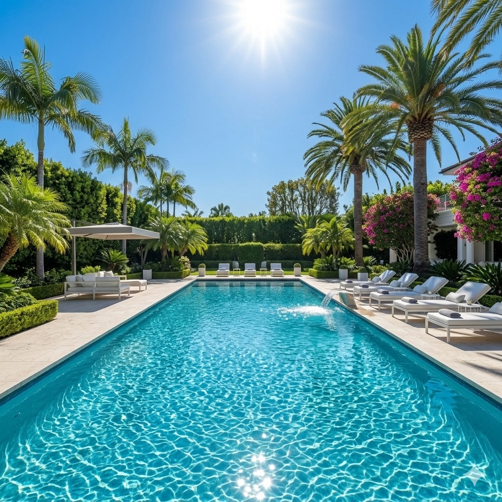 A beautiful, clean swimming pool in Beverly Hills on a sunny day. Green palm trees and nice chairs are around it. The pool is sparkling